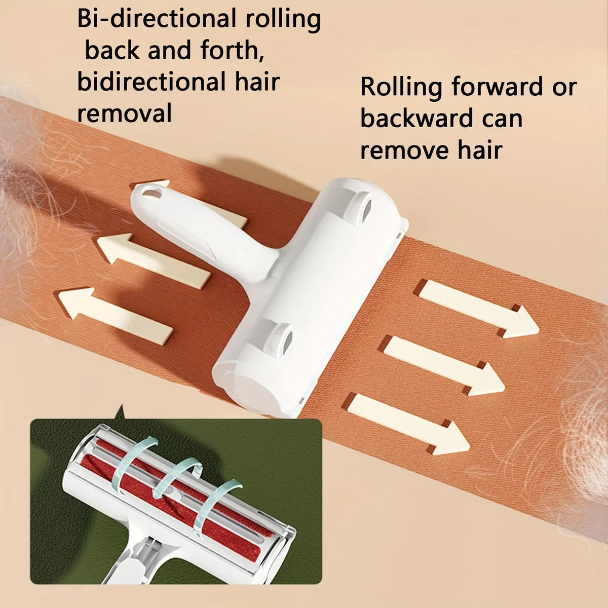 QuietTrim pet hair remover brush being used on a sofa